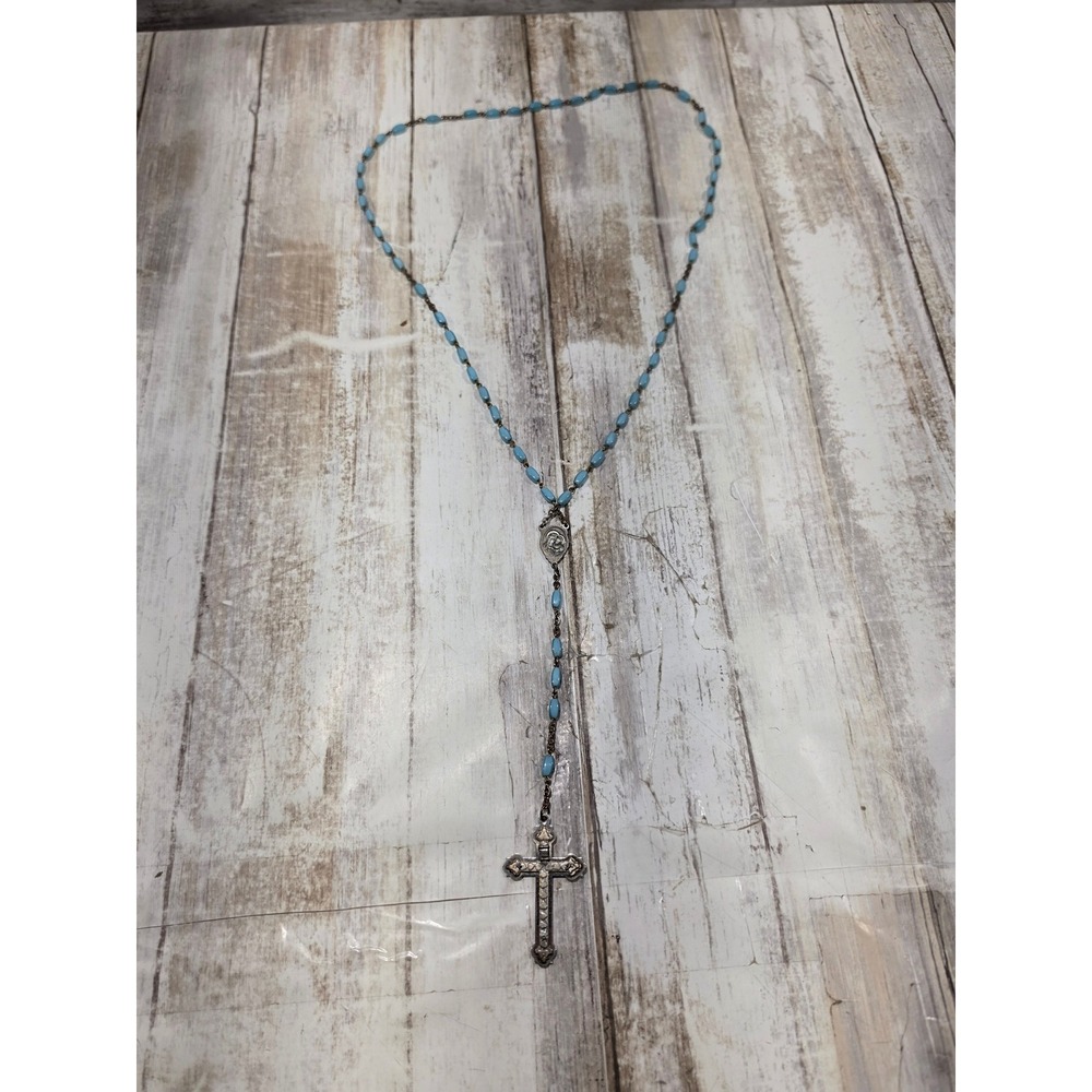 Vintage Catholic Rosary Light Blue Oval Beads Ornate Crucifix 21 Inch Necklace